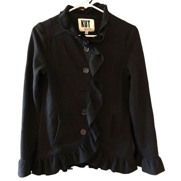 Kut from the Kloth Womens Tabitha Jacket M Black French Terry Ruffle Abstract - Picture 1 of 5